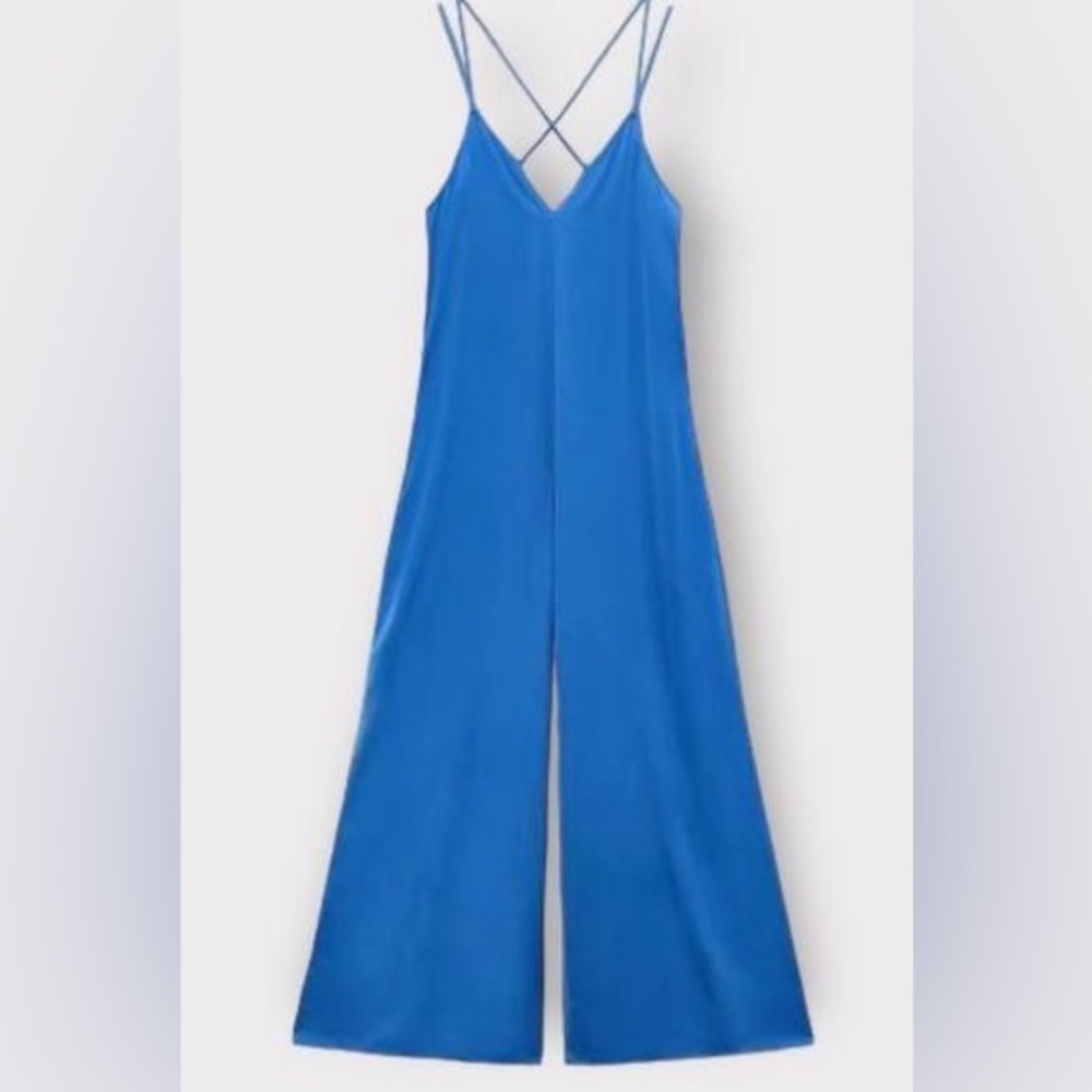 ZARA Wide Leg Satin Jumpsuit - Blue - Size XS